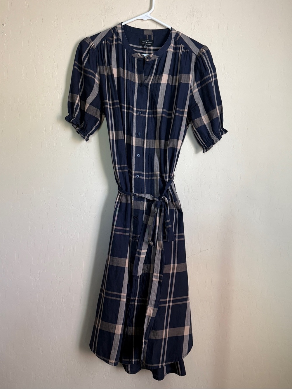 Lucky Brand Navy and Beige Plaid Midi Shirt Dress